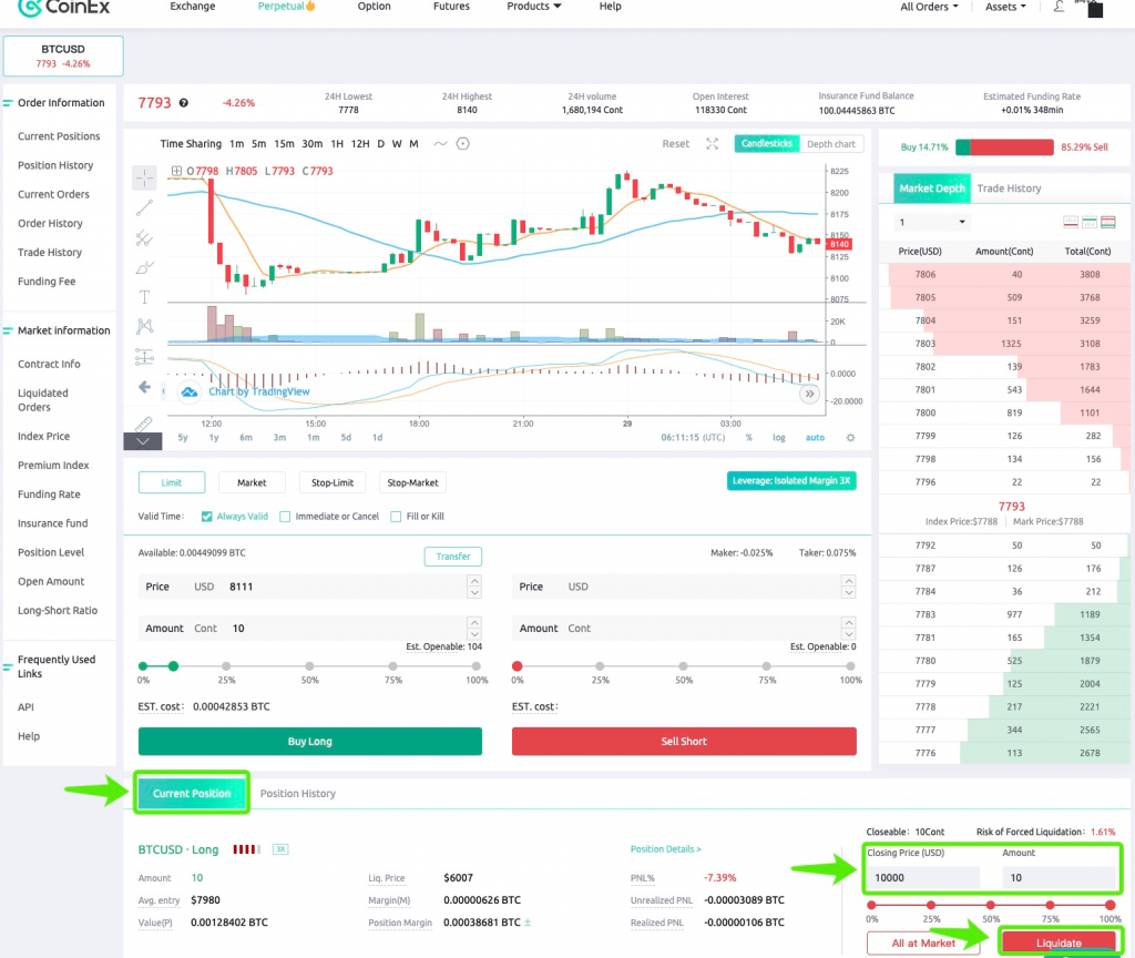 روش معاملات (پرپچوال) فیوچرز در سایت کوینکس Liquidate/All at Market
